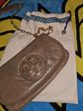 Super Rare Tory Burch Miller Lizard-Embossed Leather Shoulder Bag in Taupe